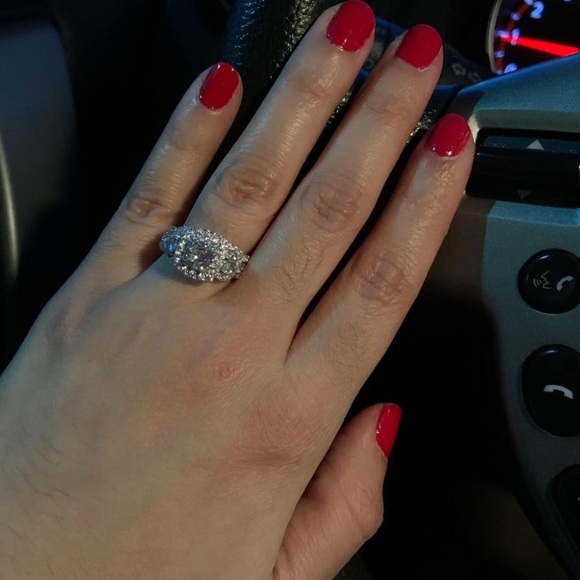 Silver Diamond Halo Engagement Ring Set Wedding - Picture 13 of 14